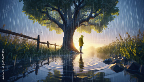 A man stands in the rain, surrounded by a calm natural landscape with a large tree and traditional houses. The atmosphere of the image conveys peace