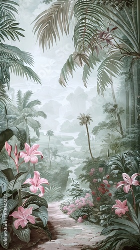 Tropical vintage botanical landscape illustration, palm tree, vegetable flower border background. Mural wallpaper. AI generated illustration