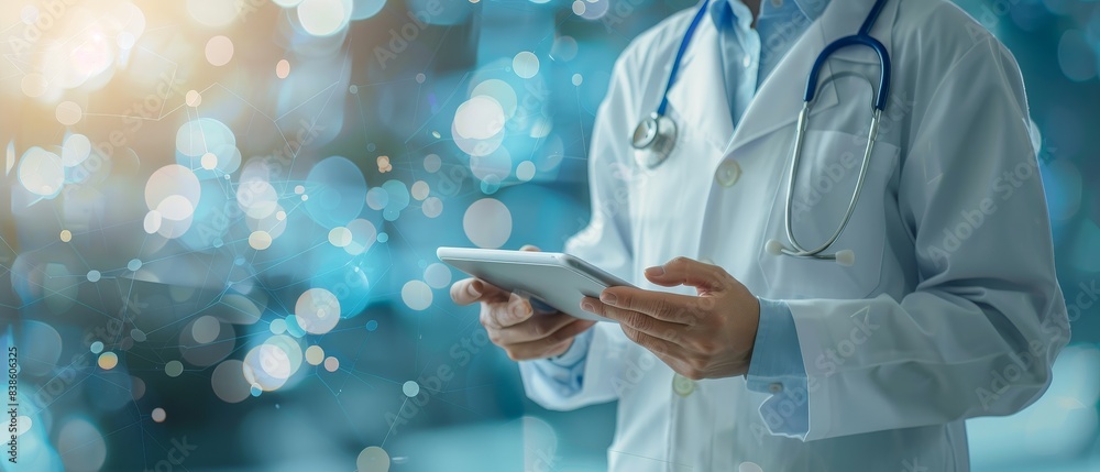 Doctor using tablet, medical technology concept with bokeh background. Healthcare professional and modern digital health tools. Doctor using tablet, medical technology concept with bokeh background. Healthcare professional and modern digital health tools.