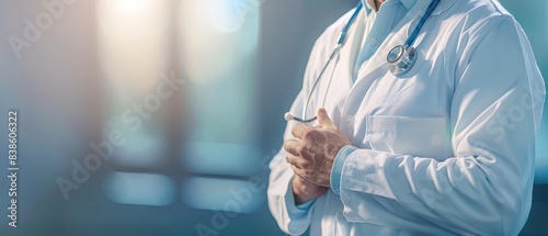 Doctor in white coat with stethoscope, hands clasped, standing in modern medical facility with soft lighting and blurred background.