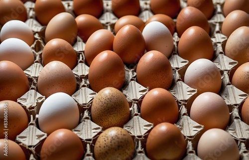 Close-up image of chicken eggs neatly arranged in a carton. The eggs are brown and white. photo