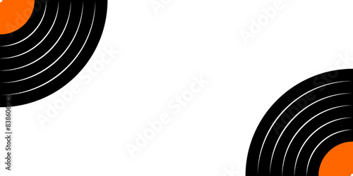 Vinyl disc in corners on white background with empty space. LP or long play music records banner. DJ techno or disco party concept. 70s 80s 90s discotheque nostalgia wallpaper. Vector illustration.