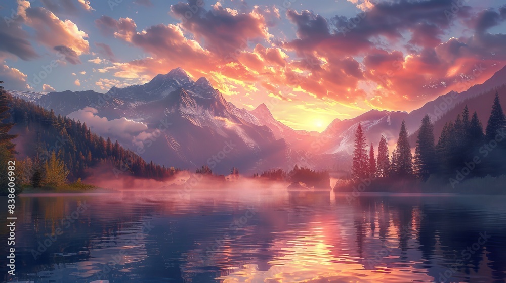 a fotorealistic shot of a quiet lake surrounded by forest and mountains in the background on sunset a fotorealistic shot of a quiet lake surrounded by forest and mountains in the background on sunset
