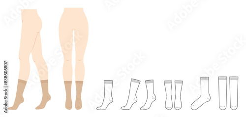 Mid Calf Socks set on women legs and CAD flat template mockup. Hosiery Fashion accessory clothing technical illustration stocking. Vector front, side view, sketch outline isolated on white background