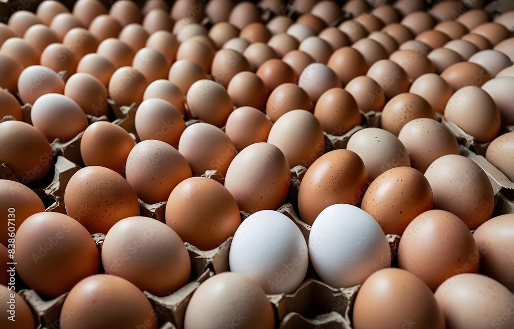 Close-up image of chicken eggs neatly arranged in a carton. The eggs are brown and white. Close-up image of chicken eggs neatly arranged in a carton. The eggs are brown and white.