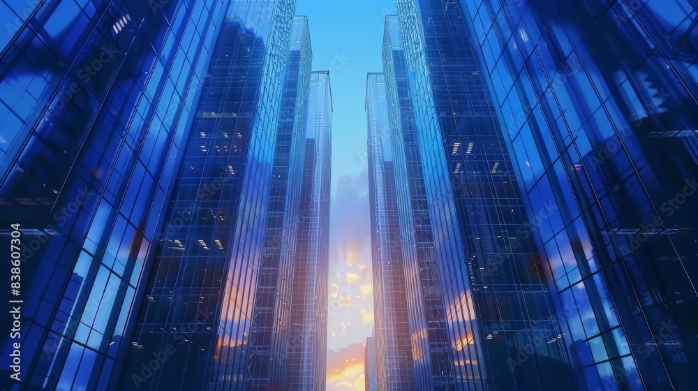 The image shows a vibrant sunset amidst towering futuristic skyscrapers in a cityscape, exuding a sense of progress and modernity The image shows a vibrant sunset amidst towering futuristic skyscrapers in a cityscape, exuding a sense of progress and modernity