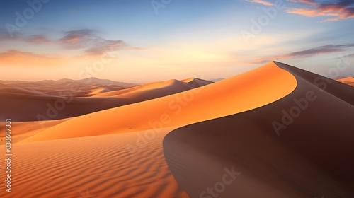 Sunset in the desert with sand dunes  panoramic view