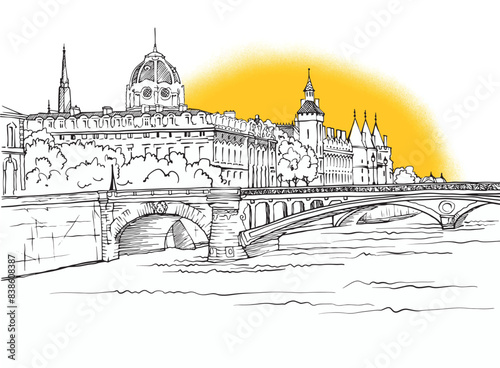 Nice view of ancient bridge in Paris. France. Hand drawn urban sketch. Black and white urban illustration. Sunshine background.