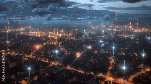 Revolutionary smart grid system visualized with dynamic energy flows and connected IoT devices across a metropolitan landscape © Ziyan