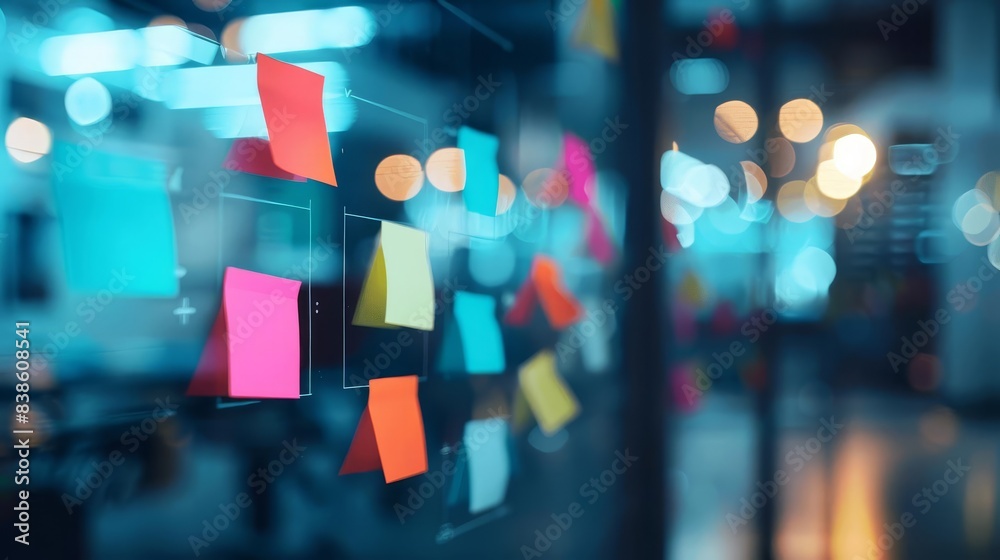 digital brainstorming session virtual postit notes on smart board blurred background digital brainstorming session virtual postit notes on smart board blurred background