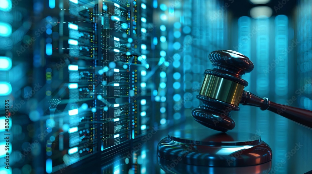 digital law concept with judge gavel and data center background judiciary and technology duality