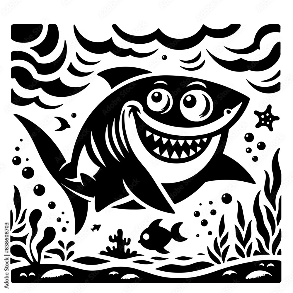 Cartoon Black and White Isolated Illustration Vector Of A Great White Shark Smiling Cartoon Black and White Isolated Illustration Vector Of A Great White Shark Smiling