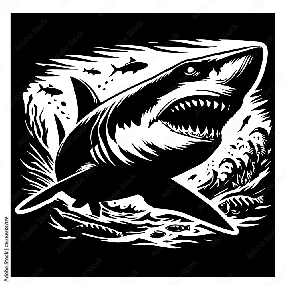 Cartoon Black and White Isolated Illustration Vector Of A Great White Shark Swimming Through Water With Mouth Open Cartoon Black and White Isolated Illustration Vector Of A Great White Shark Swimming Through Water With Mouth Open