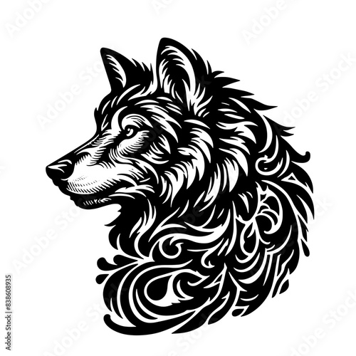 Cartoon Black and White Isolated Illustration Vector Of A Trible Style Wolfs Head