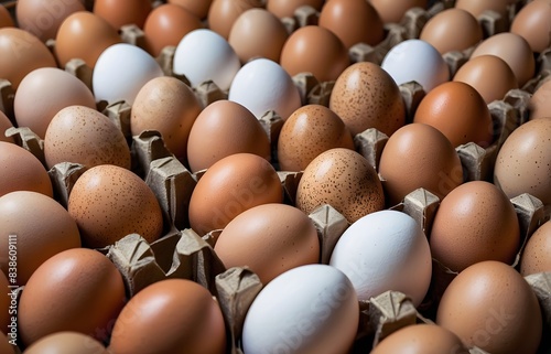 Close-up image of chicken eggs neatly arranged in a carton. The eggs are brown and white.