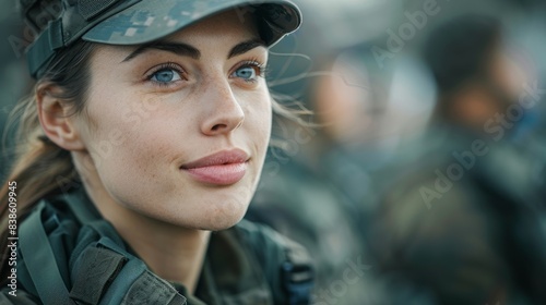 A smiling female soldier's portrait with blurred army colleagues in the background gives a human face to service © familymedia