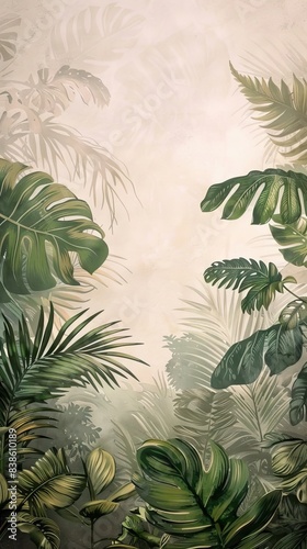 Tropical vintage botanical landscape illustration  palm tree  vegetable flower border background. Mural wallpaper. AI generated illustration