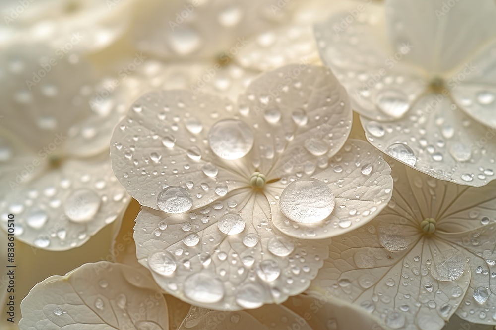 White flower petals with water drops on it. Close up