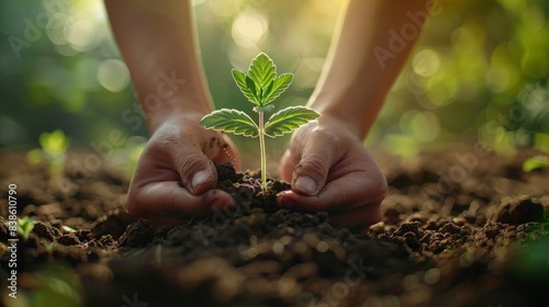 A powerful image of hands gently holding soil around a young plant, symbolizing growth, care, and environmental responsibility photo