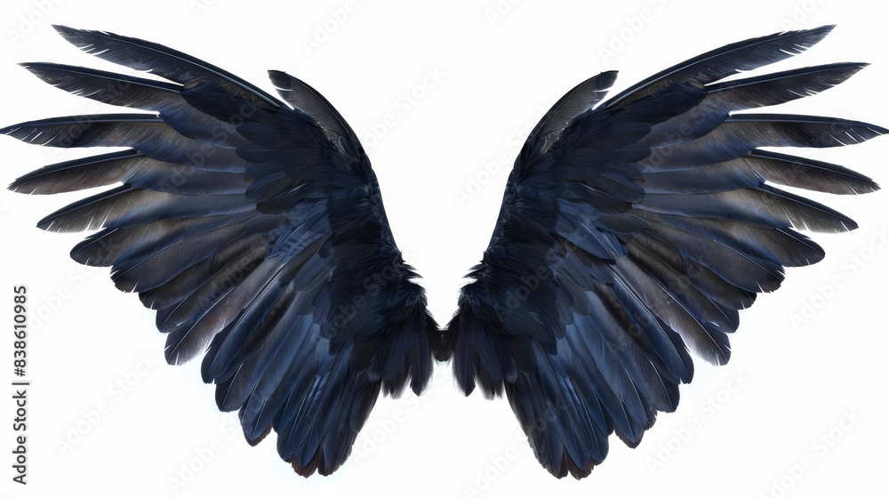 mysterious pair of black wings isolated on a plain white background symbolizing freedom and darkness cut out photo