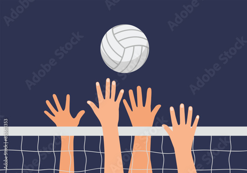 Volleyball spiking with hands blocking the ball over the net