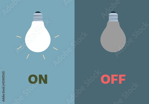 Opposite adjective antonym words on and off illustration of light bulb explanation flashcard with text label