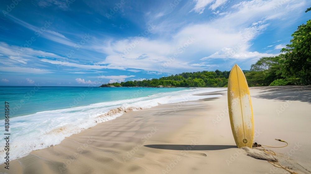 Surfboard on Tropical Beach with Blue Sky Surfboard on Tropical Beach with Blue Sky