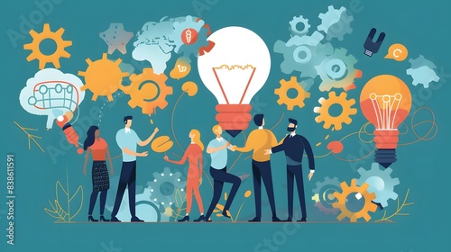 Team idea vector illustration. Team building activities foster collaboration and nurture culture innovation The teams ideas shape business strategy and drive its success Achievement is outcome