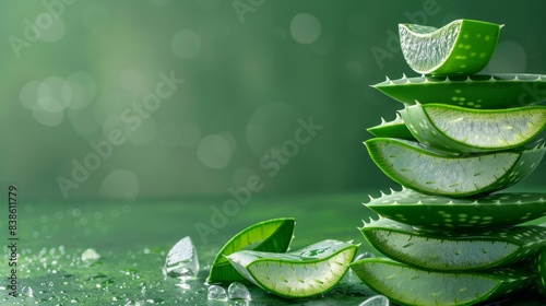 Close-up image of fresh aloe vera slices arranged in a spiral, with water droplets enhancing the greenery photo