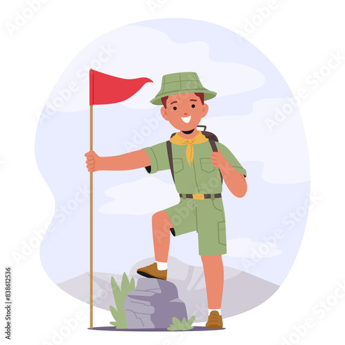Cheerful Young Boy Scout In Green Uniform Poses On A Stone, Holding A Red Flag. Themes Of Scouting, Exploration