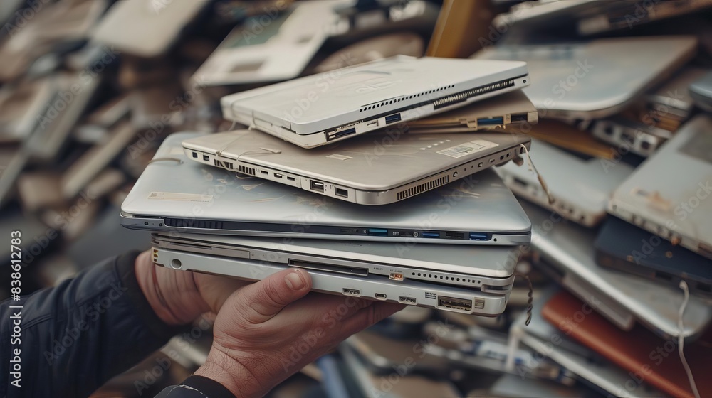 pile of old laptop computers in hands for ewaste donation reuse repair or recycling technology concept photo pile of old laptop computers in hands for ewaste donation reuse repair or recycling technology concept photo