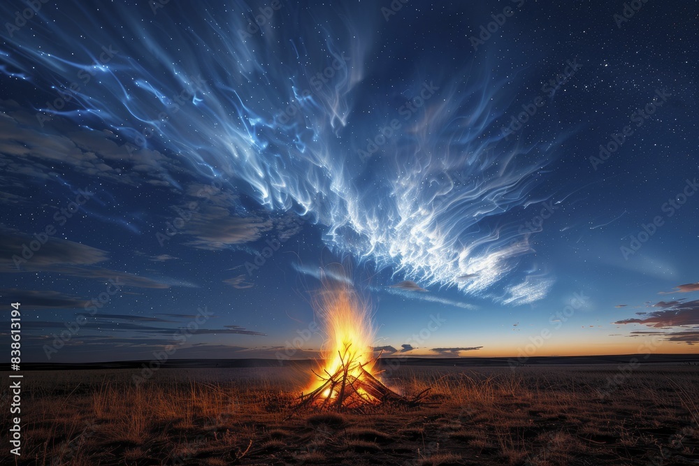 Fototapeta premium Fire's embrace felt both fierce and tender, a dynamic shot of a bonfire against the night sky, the flames capturing the dual nature of fire, both dangerous and comforting.