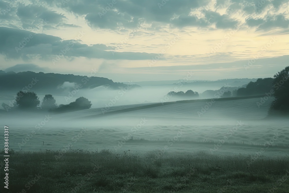 Fototapeta premium Fog blankets the earth in ethereal beauty, wide-angle view of a foggy countryside at dawn, mysterious and calm, soft hues and gentle light