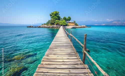 Beautiful wooden pier on the sea with island background in Greece, Europe. It was a sunny summer day.