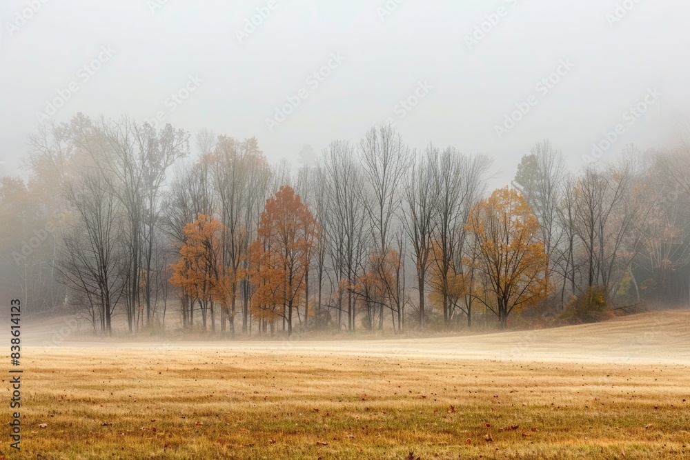 Fototapeta premium Foggy Autumn Morning Landscape with Bare Trees in the Distance