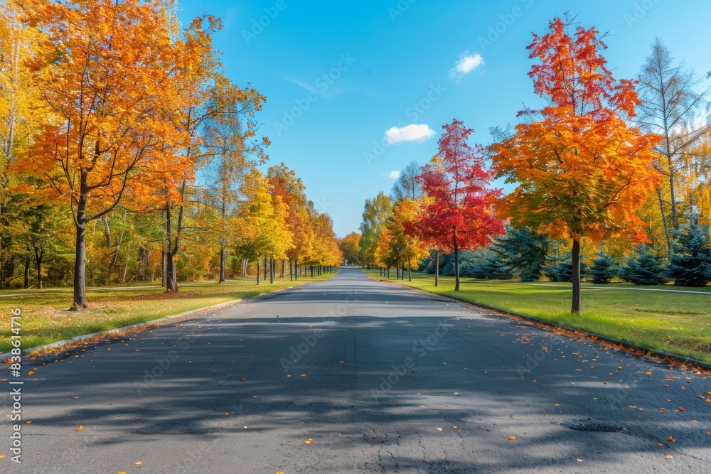 Empty Road Lined with Colorful Autumn Trees Empty Road Lined with Colorful Autumn Trees