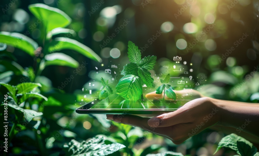 Fototapeta premium Close up of a young female farmer's hand holding a tablet with a holographic digital display of greenery, data and icons on the screen in a greenhouse.