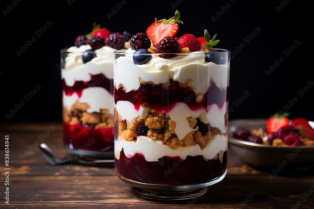 Delicious trifle dessert in glasses Delicious trifle dessert in glasses