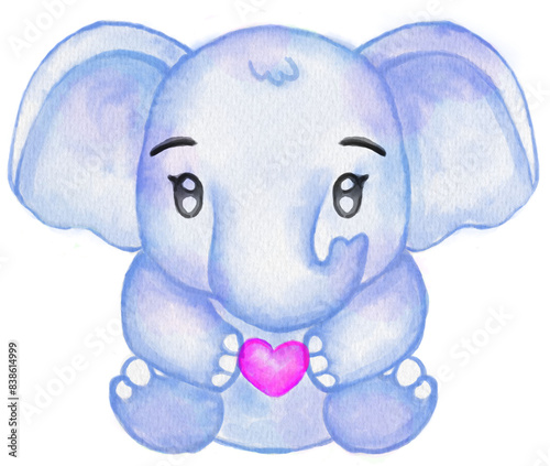 Cute baby blue elephant holding pink heart watercolor illustration isolated on transparent background for design element for baby shower, children relate, nursery, childcare etc.