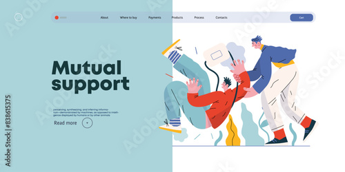 Mutual Support, Assisting Falling Person- modern flat vector concept illustration of man slipping, another supports him, preventing fall. Metaphor of voluntary, collaborative exchange of service photo
