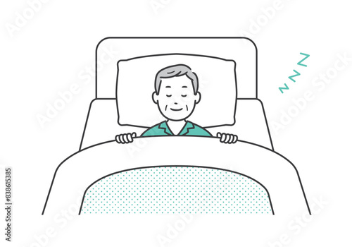 ベッドで笑顔で安眠するパジャマ姿の高齢男性のイラスト
