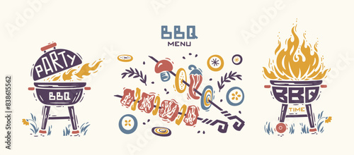 BBQ Party Time Vector Set. Portable Charcoal Grill with Fire Flame. Grill Barbecue Food. Meat Kebab or Shashlik and Barbeque Vegetable Skewer. Hand drawing. Vector illustration.