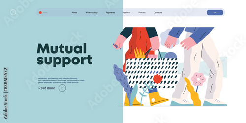 Mutual Support: Helping carry a heavy bag -modern flat vector concept illustration of a woman carrying shopping bag being assisted by man. Metaphor of voluntary, collaborative exchanges of services