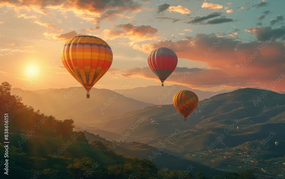 Fototapeta premium Colorful hot air balloons floating over mountains at sunrise. A wide view of the beautiful landscape with flying balloons, colorful rocks and misty valley
