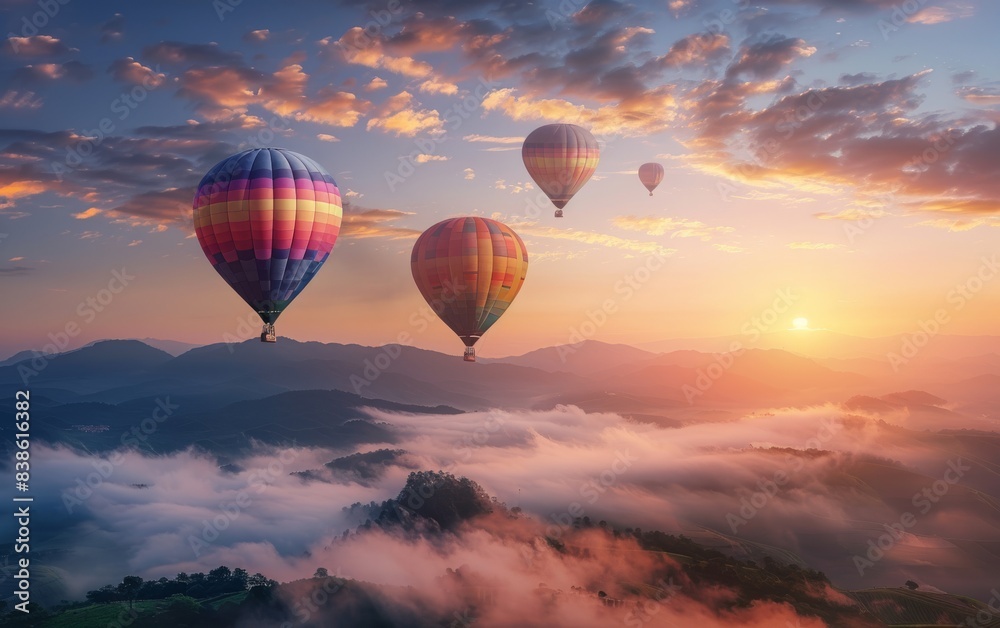 Obraz premium Colorful hot air balloons floating over mountains at sunrise. A wide view of the beautiful landscape with flying balloons, colorful rocks and misty valley