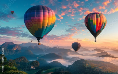 Colorful hot air balloons floating over mountains at sunrise. A wide view of the beautiful landscape with flying balloons, colorful rocks and misty valley