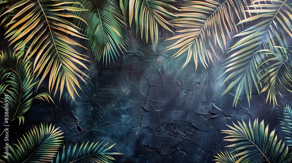 Beautiful nature background of vertical garden with tropical green leaf. Mural wallpaper. AI generated illustration