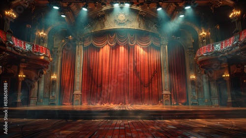 Classic theater stage with red curtains. photo