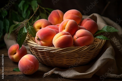 Fresh Peachs in a basket. Ripe Peach fruit