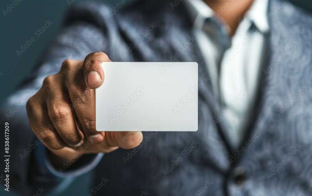 Person in a patterned suit holding a blank white card. Close-up photography with focus on the card. Business and professional identity concept for design and print. Person in a patterned suit holding a blank white card. Close-up photography with focus on the card. Business and professional identity concept for design and print.